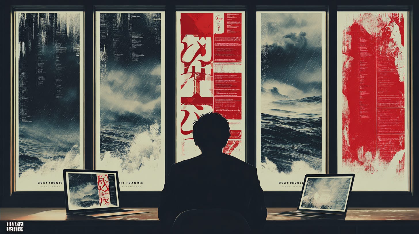 A person sitting at a modern desk with multiple laptop screens showing code and job application websites,