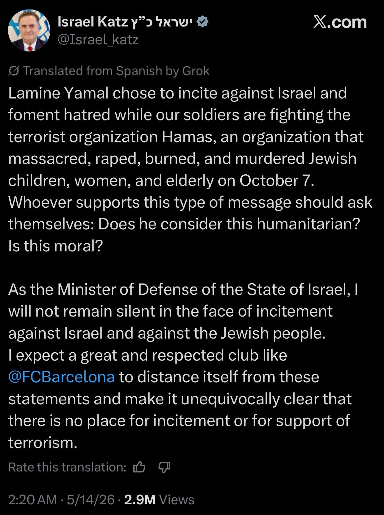 Katz’s post was the confession: the Palestinian flag itself was treated as the threat. Yamal made Palestine visible, and Israel reacted as if visibility were rebellion.