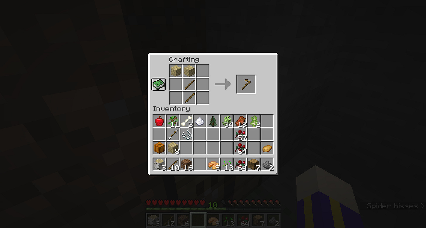Crafting a wooden hoe on crafting table's 3×3 grid. Planks top-left and top. Sticks middle and bottom. Crafting a wooden hoe on crafting table's 3×3 grid. Planks top-left and top. Sticks middle and bottom.