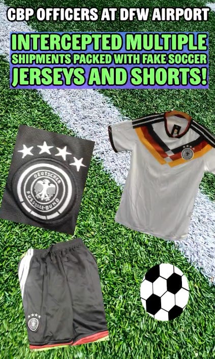 CBP Officers at DFW International Airport quickly identified FIFA merch arriving from Mexico & China as fakes due to its obvious poor quality. (US Customs & Border Protection photos & graphic) CBP Officers at DFW International Airport quickly identified FIFA merch arriving from Mexico & China as fakes due to its obvious poor quality. (US Customs & Border Protection photos & graphic)