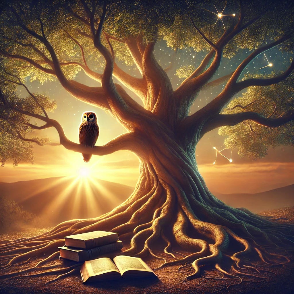 DALL·E 2025-08-21 13.24.35 - A symbolic representation of wisdom_ a serene old tree with deep roots and sprawling branches,.webp