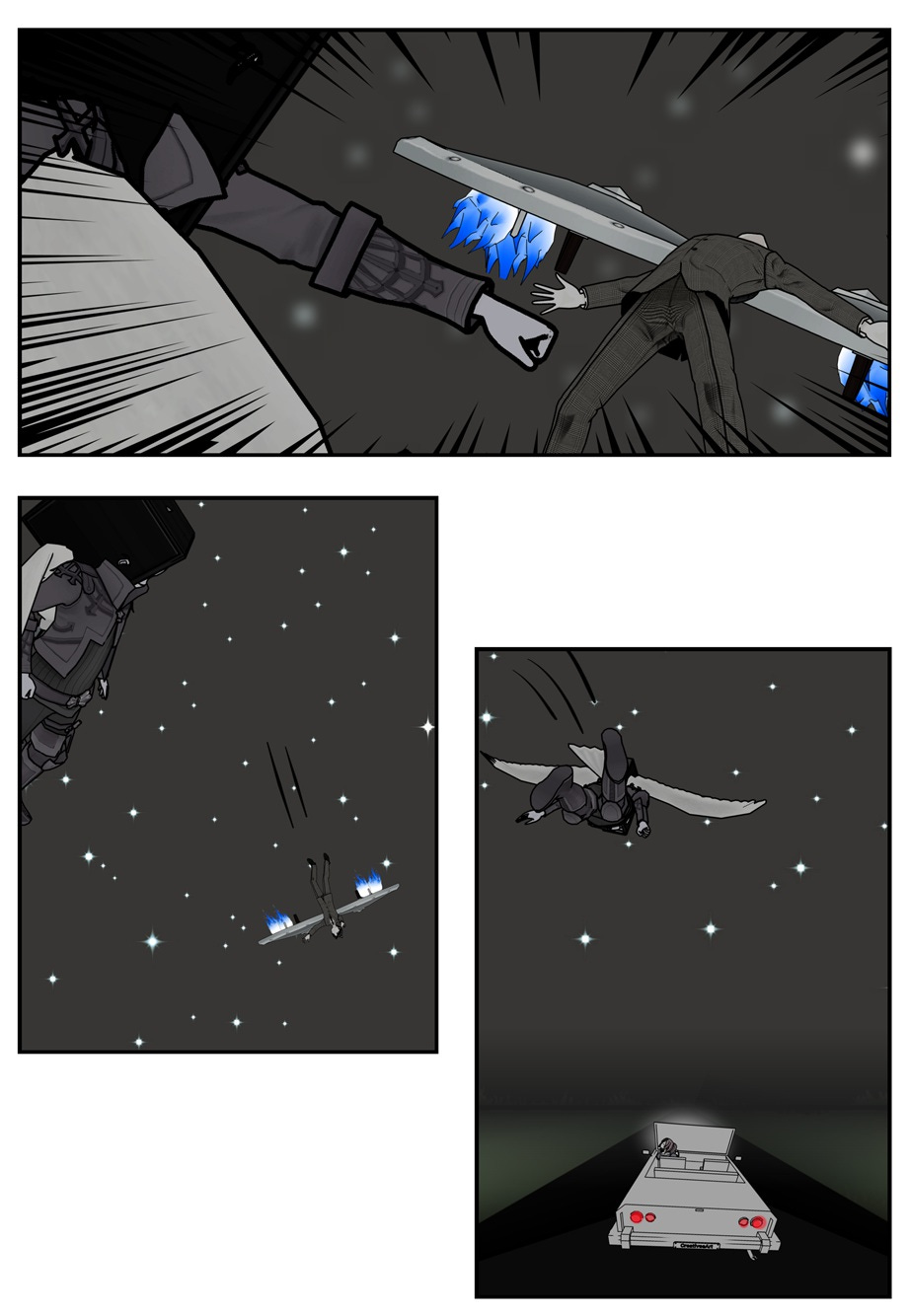 The flying robot knocks Ace down, then dives for Vana driving the car.