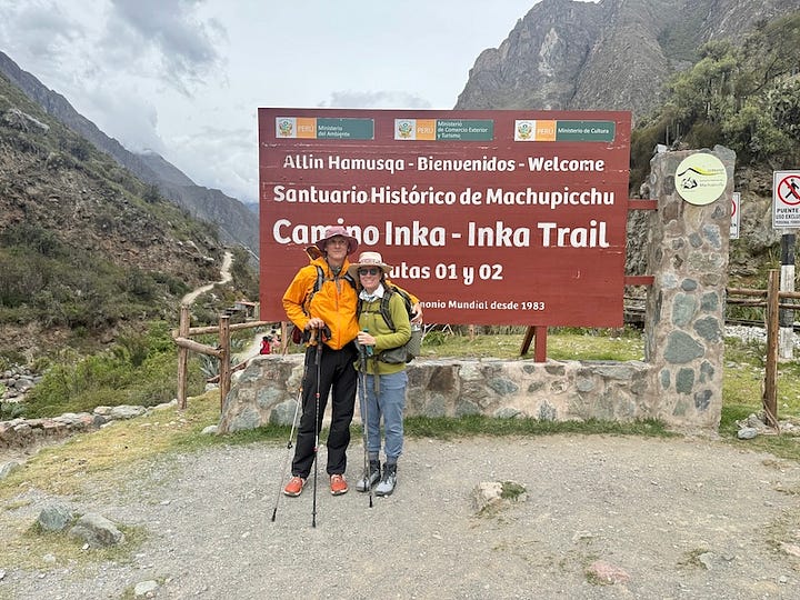On the left Christopher and Kirsten stand in front of the sign beginning the Inca Trail. On the right looking back at the bridge spanning the Urubamba River.