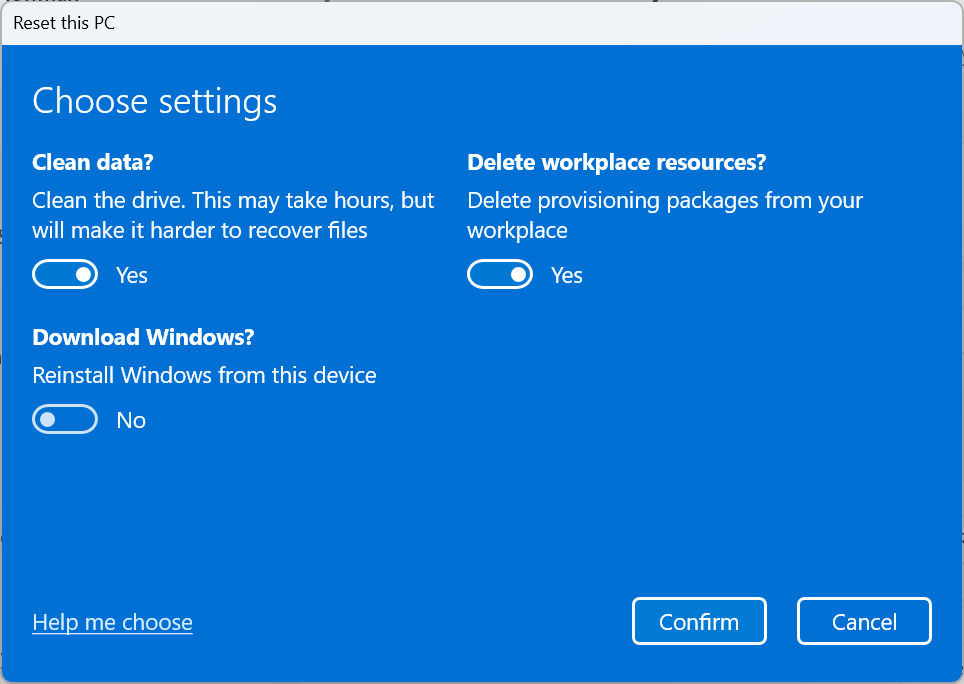 The Choose Settings window in the Reset this PC tool.