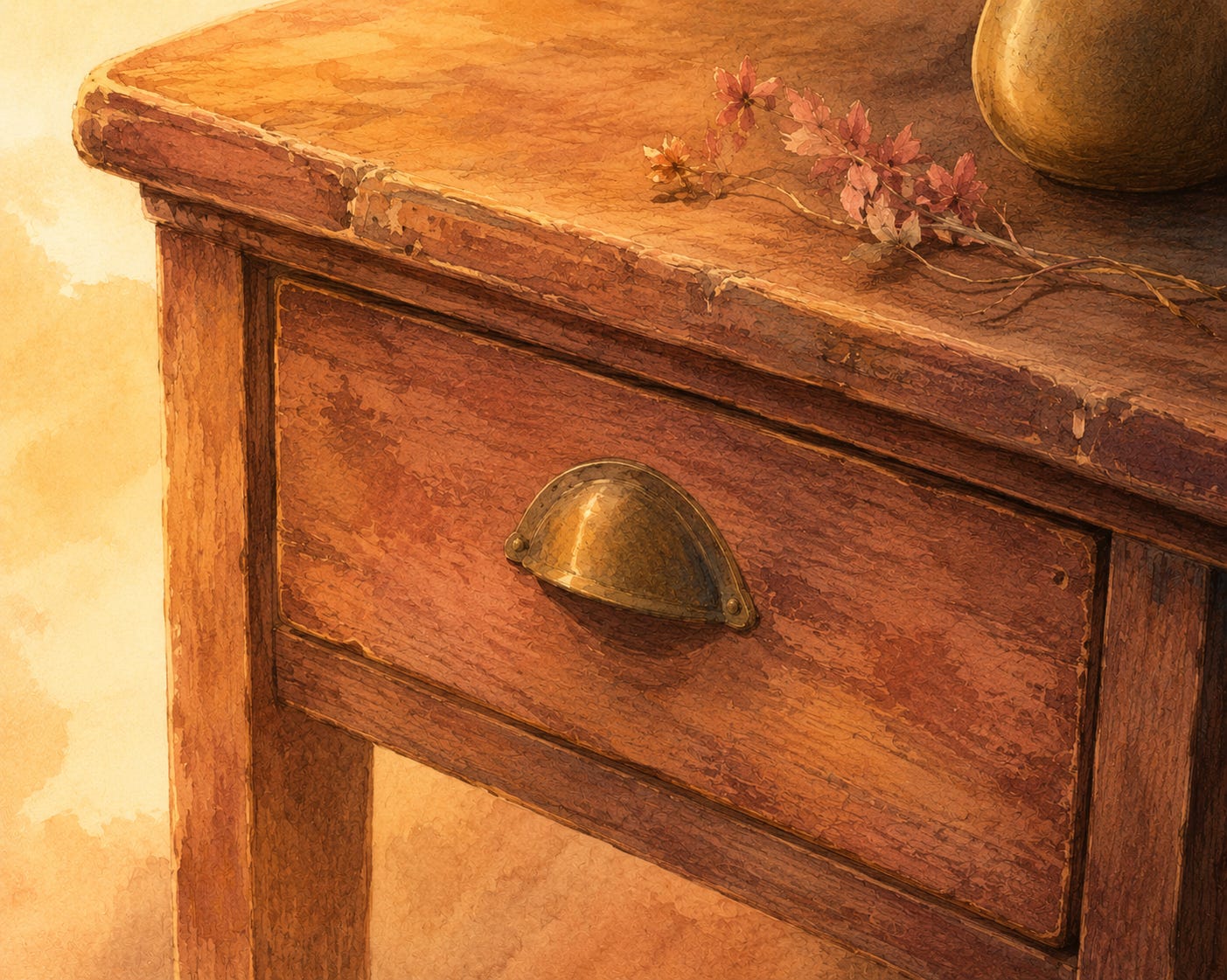 A warm wooden desk drawer, closed, with dried flowers resting on top