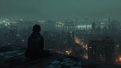 An image of a dark, brooding figure sitting alone on a rooftop at night, overlooking a cityscape with tall buildings and a river.