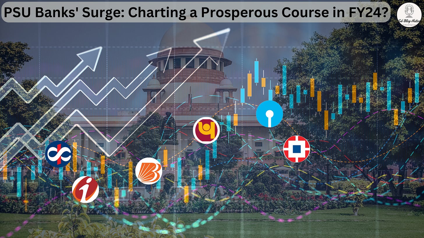 Graphical representation of India's Public Sector Banks' performance trajectory in early FY24, with upward trend lines and icons symbolizing growth, set against the backdrop of the Supreme Court. Featured in the 'PSU Banks Growth in Early FY24: Market Dynamics Unveiled' article on www.sdblognation.in.