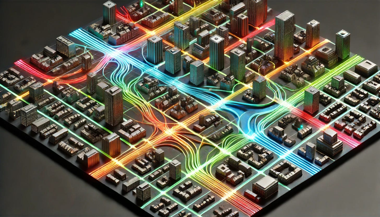 A stylized map of a generic city with a grid layout and glowing, vivid colored three-dimensional lines representing arteries running through the city's grid. Buildings within the grid appear as pewter models with varied shapes and sizes. The background is black, making the bright and colorful arteries stand out vividly. The design emphasizes the arteries as the lifeblood of the city, with a neat and organized layout that clearly shows the flow of energy and vitality throughout the metropolis. Remove any elements outside of the grid.