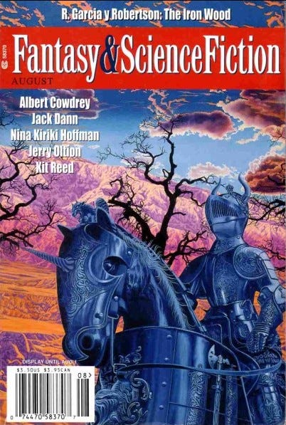 Armored knight and horse in foreground against a backdrop with barren trees, distant mountainous hills, and reddish clouds.