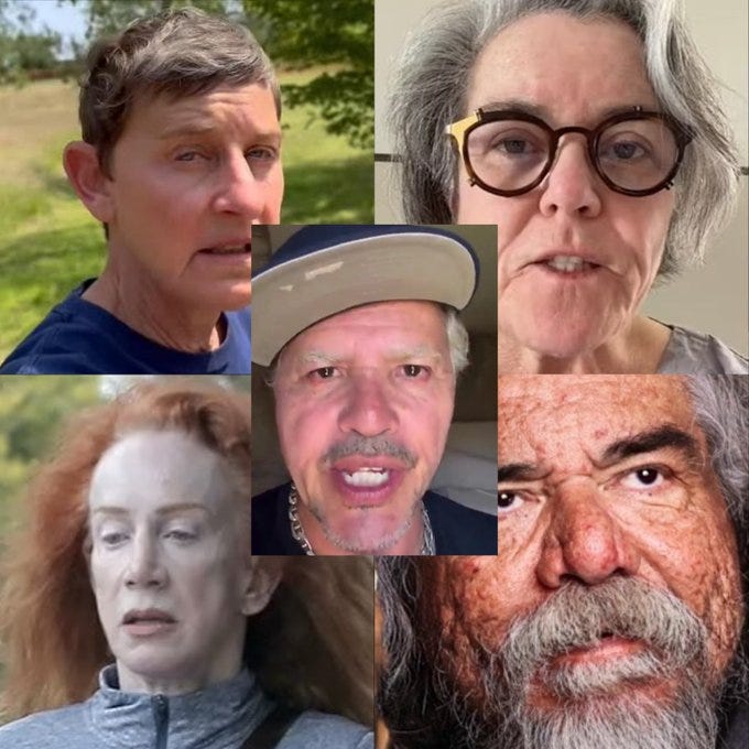 The image is a collage of five celebrity faces arranged in a 2x3 grid, with one cell empty, posted on X by @TheRicanMemes. It features John Leguizamo, Robert De Niro, Whoopi Goldberg, Rosie O\'Donnell, and Michael Moore, each shown in close-up, speaking or reacting, likely from video clips. The post text humorously suggests these celebrities form a "TDS destroys the mind, body and soul starting five," referring to Trump Derangement Syndrome (TDS), implying their political commentary has negatively impacted them. The setting varies—outdoors, indoors, casual attire—but no platform watermarks are visible. The composition and text context create a satirical meme targeting political bias among celebrities.