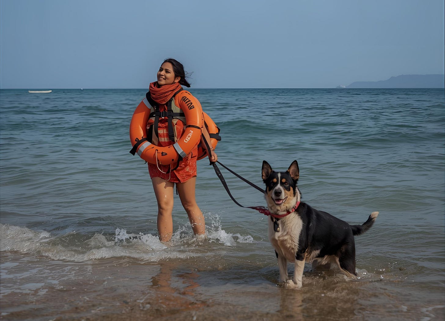 woman with life preserver around neck walking in water with a dog on leash woman with life preserver around neck walking in water with a dog on leash