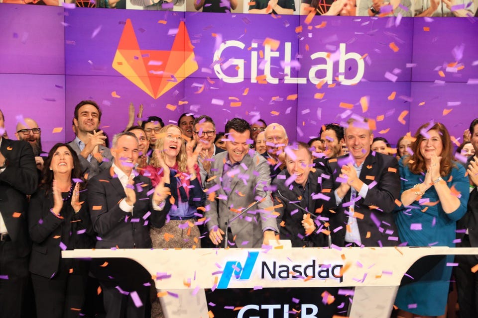 GitLab cofounder and CEO Sid Sijbrandij presses the button to open Nasdaq's stock exchange