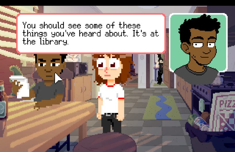 A young woman talks to her friend about movies in a small East Village apartment in the mid-
00s. It's drawn in pixels.