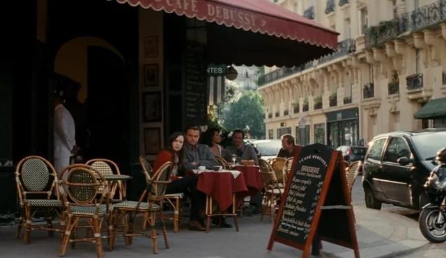 The French Cafe in Inception (2010) where it is first revealed that they are within a Dream 