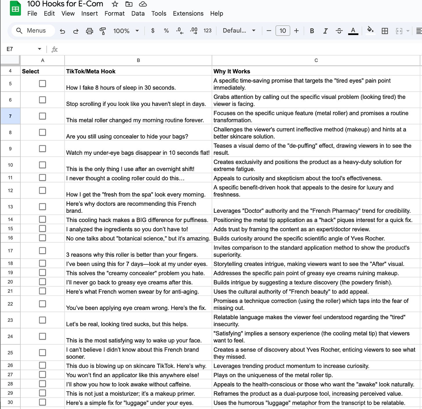 100 hooks in a CSV for e-com