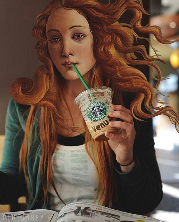 This may contain: a painting of a woman holding a starbucks drink and reading a book with her hair blowing in the wind
