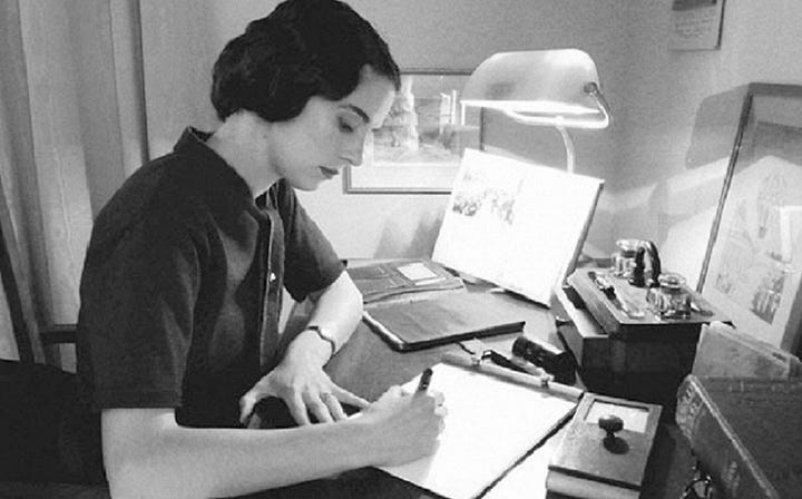 Left: Black-and white picture of dark-haired woman writing. Right: Color picture of blonde-haired man at desk writing.