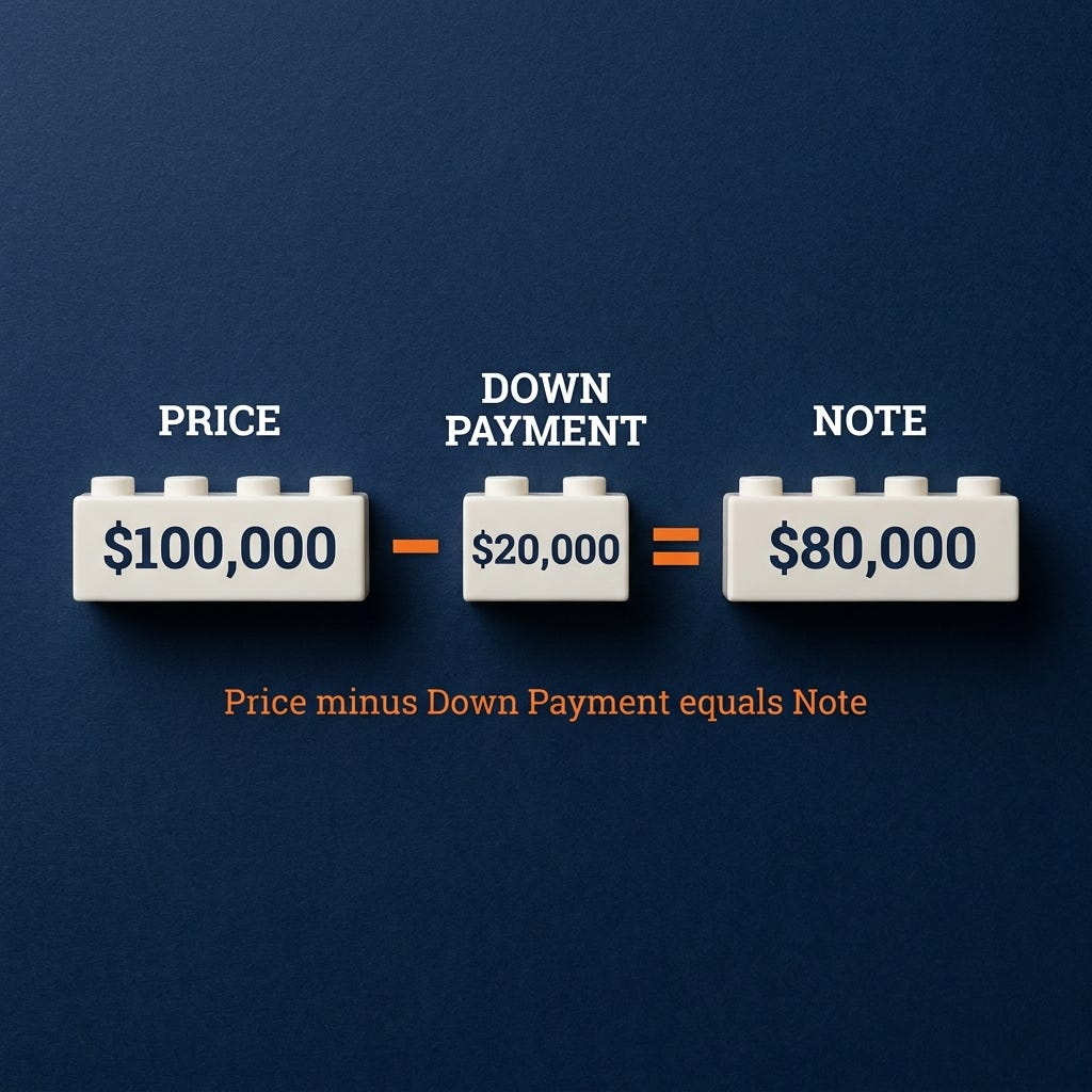 Price minus down payment equals note: real estate financing in simple math