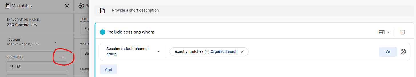 Organic Search Segment in Funnel Exploration GA4