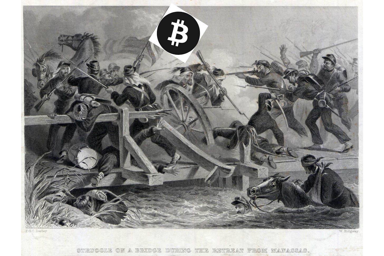 Meme showing a man carrying a BTC flag at the Battle of Bull Run