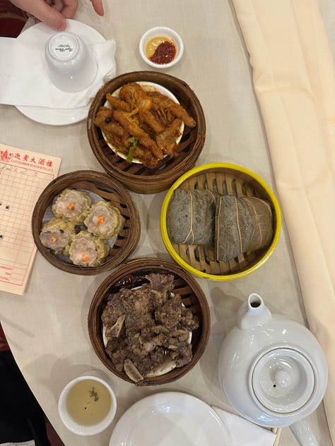 left: dim sum at East Harbor Seafood Palace; middle: matcha coconut blue and kale tea from HEYTEA; right: Portuguese egg tarts from Xin Fa Bakery - Chinatown, Brooklyn