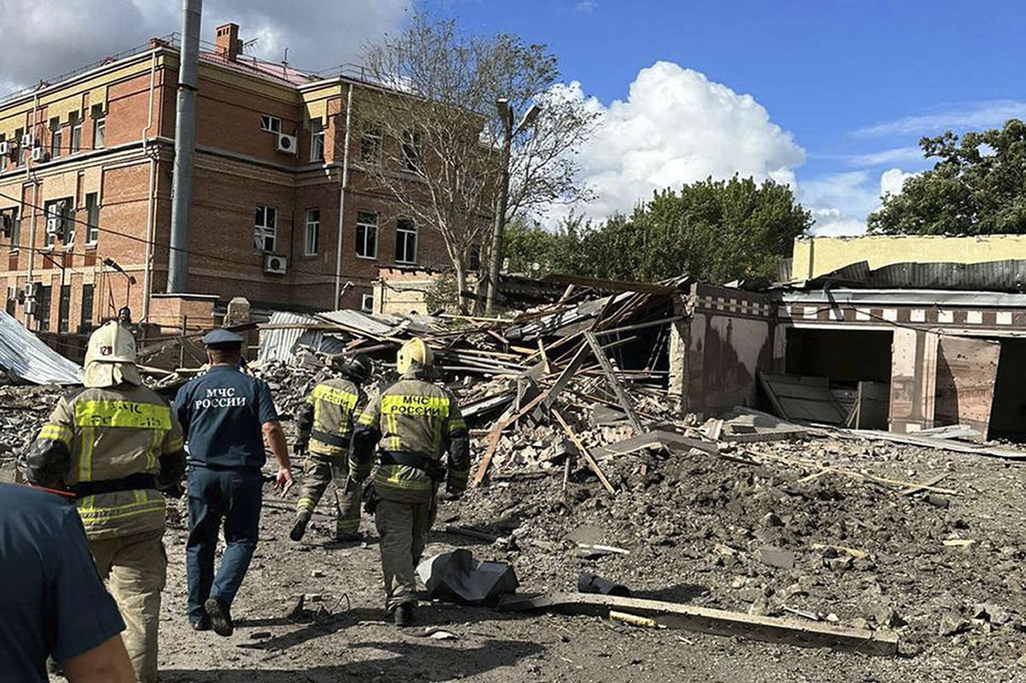 This photo released by Telegram Channel of Rostov-on-Don Region Governor Vasiliy Golubev shows the site of an explosion in Taganrog, Russia, Friday, July 28, 2023. The Russian Defense Ministry said the Russian military shot down a Ukrainian missile over the southern Russian city of Taganrog, about 40 kilometers east of Russia's border with Ukraine and its debris injured several people and damaged several buildings. (Telegram Channel of Rostov-on-Don Region Governor Vasiliy Golubev via AP) This photo released by Telegram Channel of Rostov-on-Don Region Governor Vasiliy Golubev shows the site of an explosion in Taganrog, Russia, Friday, July 28, 2023. The Russian Defense Ministry said the Russian military shot down a Ukrainian missile over the southern Russian city of Taganrog, about 40 kilometers east of Russia's border with Ukraine and its debris injured several people and damaged several buildings. (Telegram Channel of Rostov-on-Don Region Governor Vasiliy Golubev via AP)