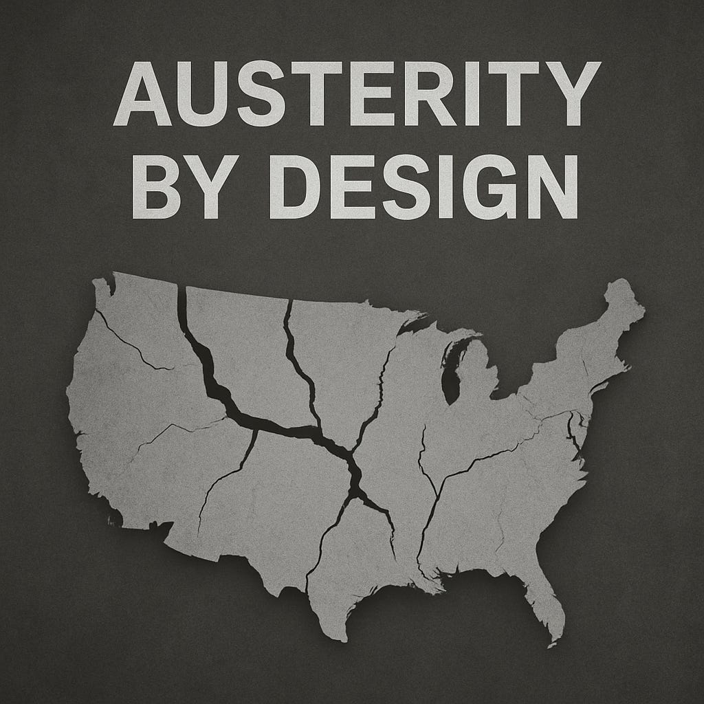 A grayscale graphic features the phrase ‘AUSTERITY BY DESIGN’ in bold, white capital letters at the top. Below, a cracked and weathered silhouette of the United States appears on a dark, textured background. The map shows deep, jagged fissures and missing edge fragments, symbolizing a nation strained but still holding together.