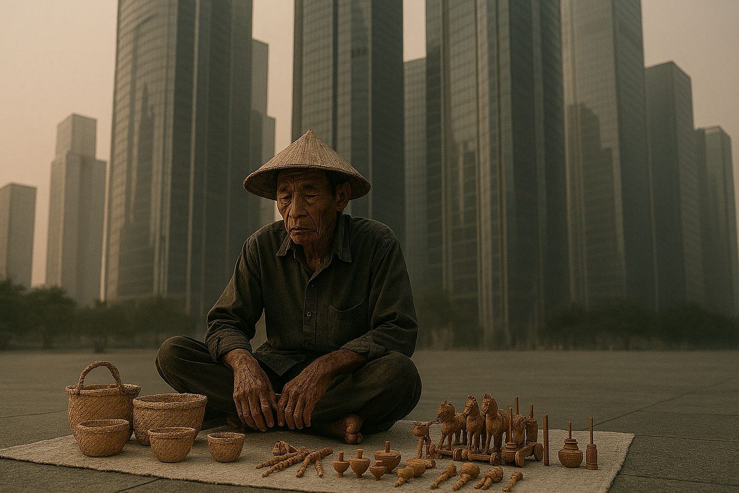 An elderly street vendor sits on a simple mat, with modern skyscrapers towering behind him. This visualizes the gap between rapid modernization and enduring traditional ways of life.