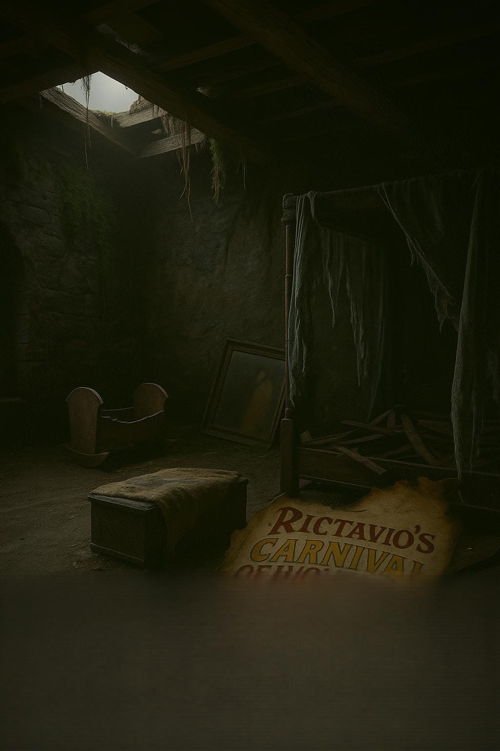 Interior of the third floor of Khazan's tower. The ceiling has partially collapsed, exposing timber beams and a patch of gray sky. Moss clings to the inner wall, fed by rain from past storms. In the corner, a wooden cradle sits split down the center, one side gently rocking. A dust-choked rattle carved like a sunburst lies nearby. Against the far wall, a portrait lies face-down, its frame warped by moisture. Lifted slightly, it reveals a woman’s silhouette beside a man robed in gold, their faces blurred to smudges. A moth-eaten child’s blanket rests atop a rotted footlocker, with the initials L.K. stitched in gray-blue thread. A collapsed canopy bed occupies the center, its curtains hanging like shredded veils. A single silver hairpin lies near one post, tarnished. The atmosphere is quiet, sorrowful, and filled with forgotten memory. Interior of the third floor of Khazan's tower. The ceiling has partially collapsed, exposing timber beams and a patch of gray sky. Moss clings to the inner wall, fed by rain from past storms. In the corner, a wooden cradle sits split down the center, one side gently rocking. A dust-choked rattle carved like a sunburst lies nearby. Against the far wall, a portrait lies face-down, its frame warped by moisture. Lifted slightly, it reveals a woman’s silhouette beside a man robed in gold, their faces blurred to smudges. A moth-eaten child’s blanket rests atop a rotted footlocker, with the initials L.K. stitched in gray-blue thread. A collapsed canopy bed occupies the center, its curtains hanging like shredded veils. A single silver hairpin lies near one post, tarnished. The atmosphere is quiet, sorrowful, and filled with forgotten memory.