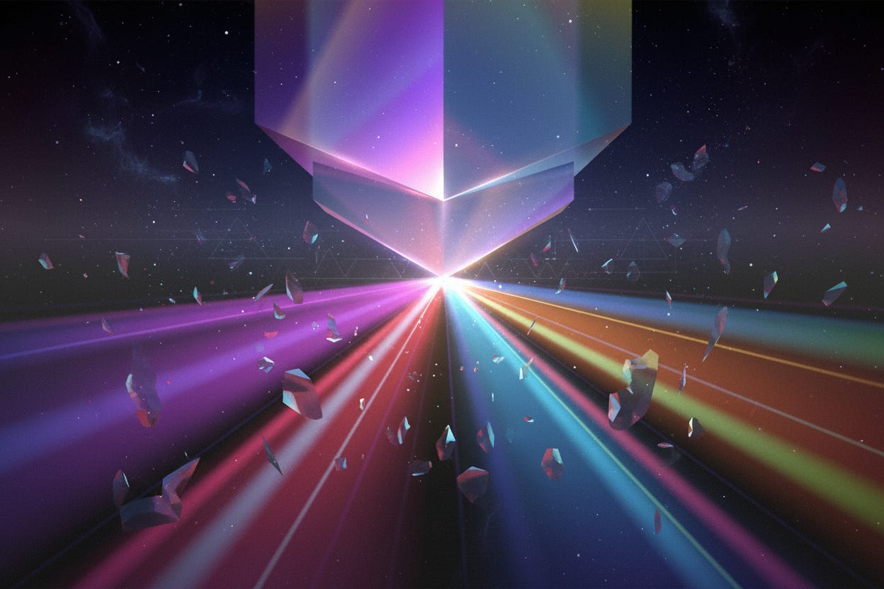 Abstract dark prism in cosmic darkness with spectral beams of light, inspired by a poem about identity and attention.