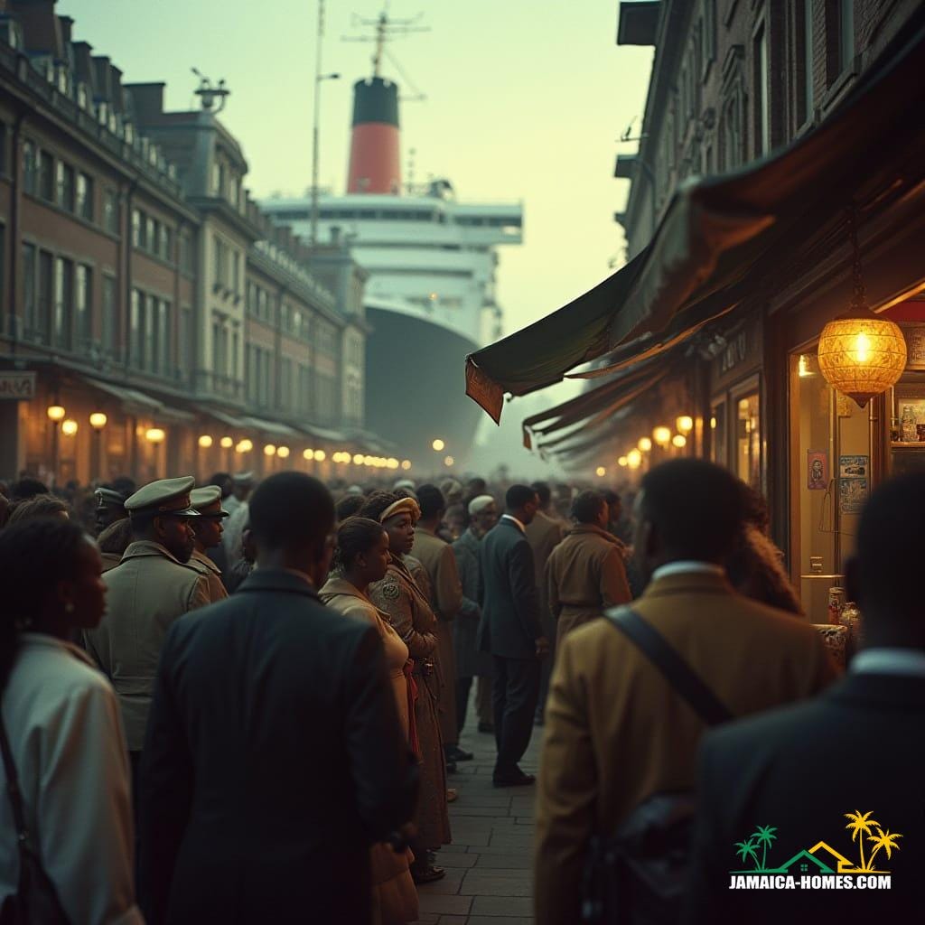  Cinematic film still, shot on v-raptor XL, film grain, vignette, color graded, post-processed, cinematic lighting, 35mm film, live-action, best quality, atmospheric, a masterpiece, epic, stunning, dramatic, depicting Jamaican immigrants disembarking a ship in Britain, a subtle golden hour glow washes over the immigration hall, highlighting the hope and uncertainty on their faces. The scene evokes the spirit of the British Nationality Act of 1948, with a focus on the human element of migration.