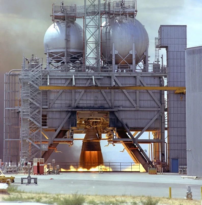 F-1 engine being test fired at the Test Stand 1-C at the Edwards Air Force Base in California