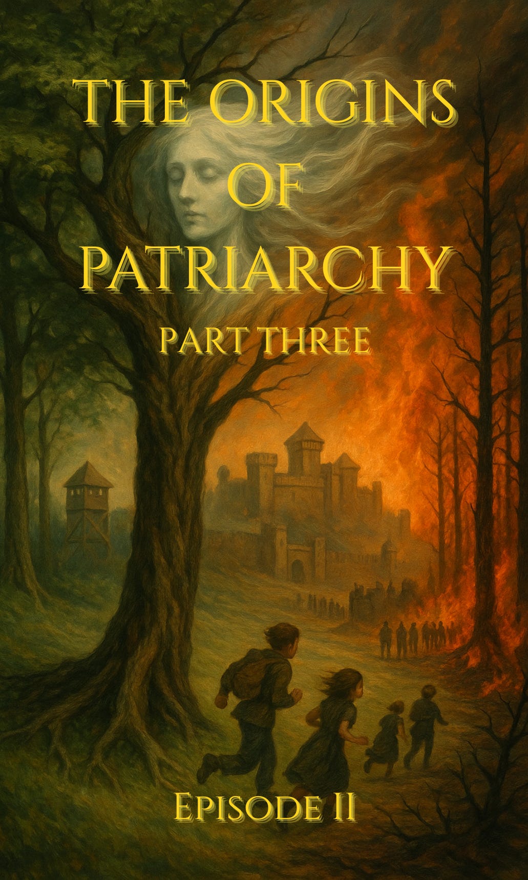 A surreal oil painting titled The Origins of Patriarchy: Part Three, Episode II. A ghostly feminine face is woven into the bark of an ancient tree on the left, her hair dissolving into wind and mist. The left side of the forest is lush and green, with a wooden watchtower among the trees. The right side burns in crimson flames, its trees scorched and skeletal. In the background, a distant fortress looms behind rising smoke. Children run through the forest, fleeing toward the masculine-coded structures. The image conveys loss, division, and the traumatic rupture from the feminine world.