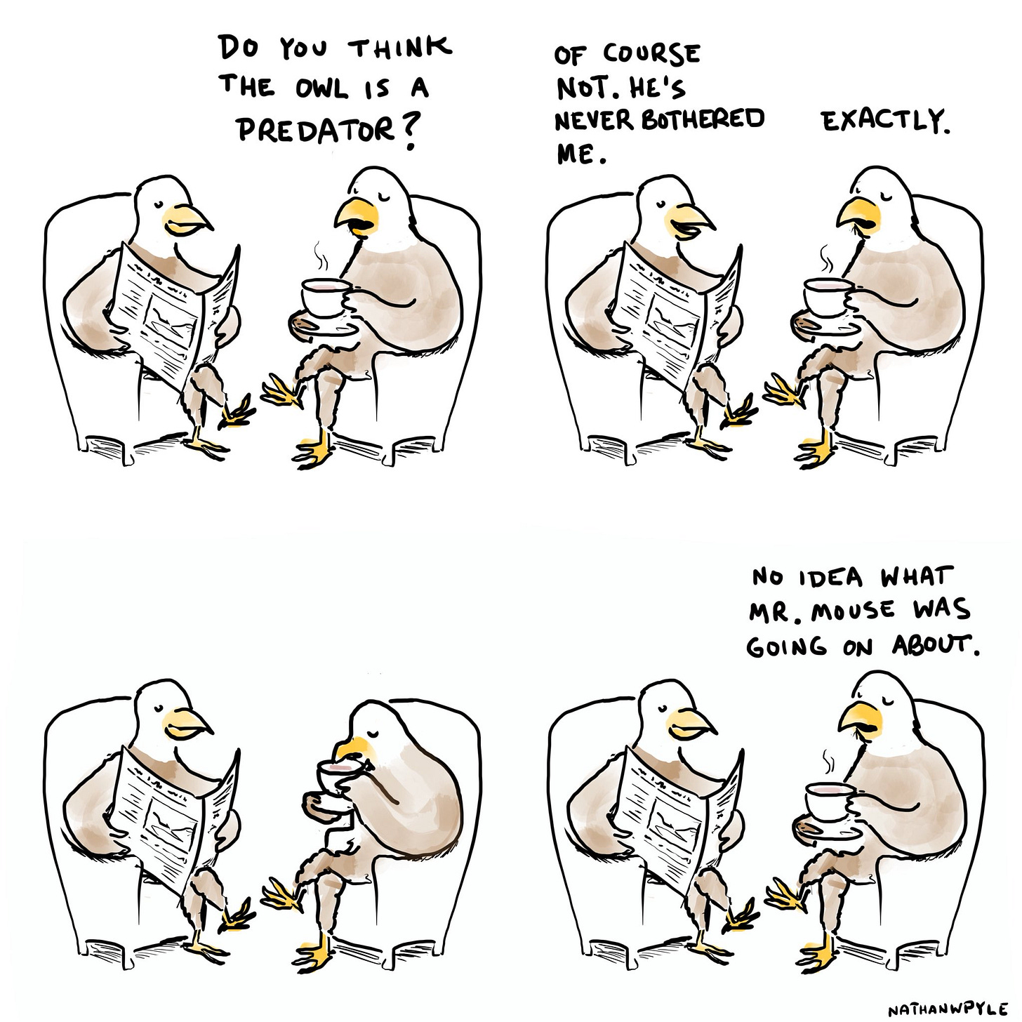 one eagle asked another eagle, 'Do you think the owl is a predator?' And the other eagle says, 'Of course not. He’s never bothered me.' In the next panel, they're just quiet. Then, in the final panel, the first eagle says, 'No idea what Mr. Mouse was going on about.’ one eagle asked another eagle, 'Do you think the owl is a predator?' And the other eagle says, 'Of course not. He’s never bothered me.' In the next panel, they're just quiet. Then, in the final panel, the first eagle says, 'No idea what Mr. Mouse was going on about.’