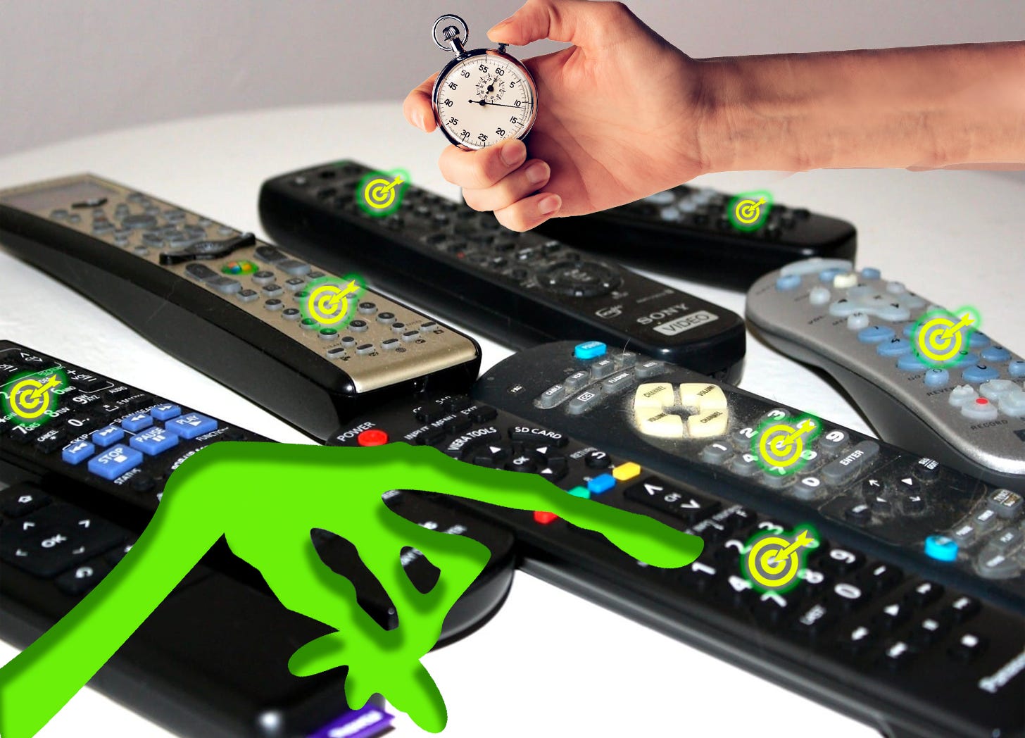A table with several different remotes spread out, each with a bullseye over the "5" button. An alien hand searches while a human hand holds a stopwatch. A table with several different remotes spread out, each with a bullseye over the "5" button. An alien hand searches while a human hand holds a stopwatch.