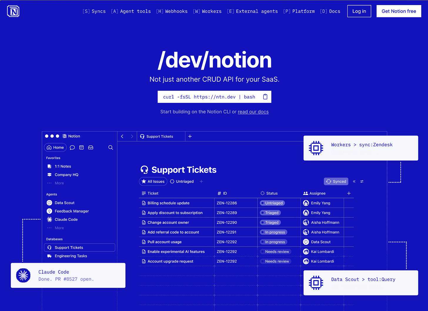 The ntn.dev landing page: Notion’s official CLI tool, currently in beta.