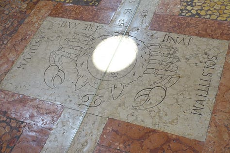 The Basilica of San Petronio in Bologna (1655), Italy, features Cassini's Meridian Line, a long brass and copper rail in the floor, where a ray of sunlight through a ceiling hole marks the equinoxes and solstices, with the spring equinox marking a specific point on the line