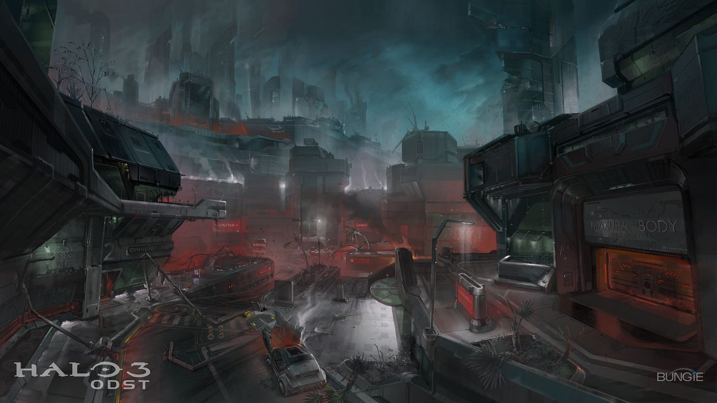 Halo-3-odst-concept-art-destroyed-city-at-night.jpg (1920×1080) | Halo 3  odst, Concept art, Halo 3