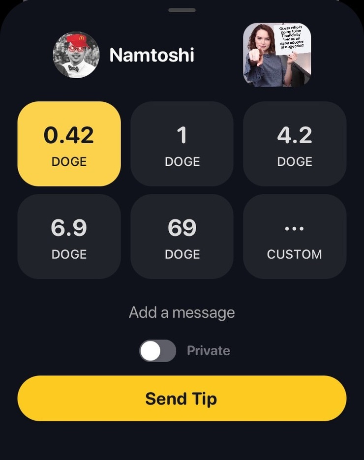 MyDoge adjusted their default tipping amounts to reflect the DogeArmy's fascination with meme numbers 420 and 69 MyDoge adjusted their default tipping amounts to reflect the DogeArmy's fascination with meme numbers 420 and 69