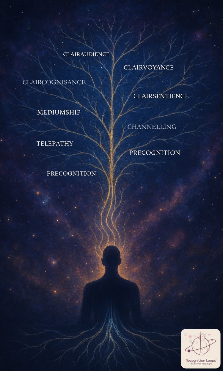 Portrait artwork of a silhouetted figure under a starry sky; a luminous gold tree rises from the crown with roots below and branches labelled clairaudience, clairvoyance, clairsentience, claircognisance, mediumship, telepathy, channelling, precognition; small Recognition Loops logo bottom-right.
