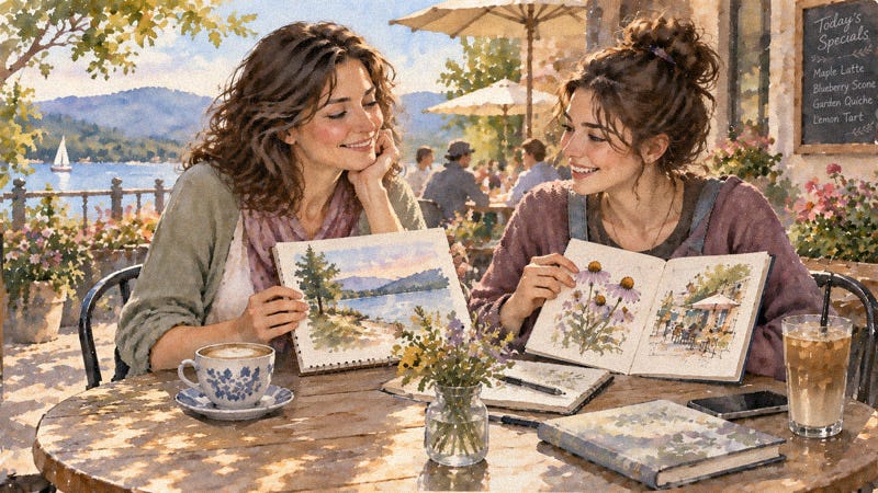 Two women smiling and sharing their sketchbooks at a sunny lakeside café. One displays a landscape painting, while the other shares botanical and café sketches, enjoying a moment of creative connection.