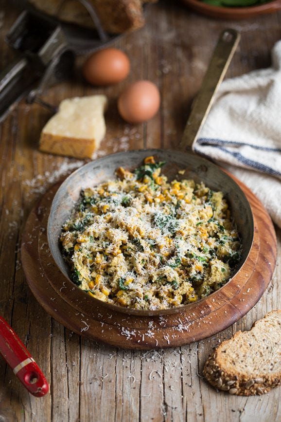 spinach and corn scramble with parmesan