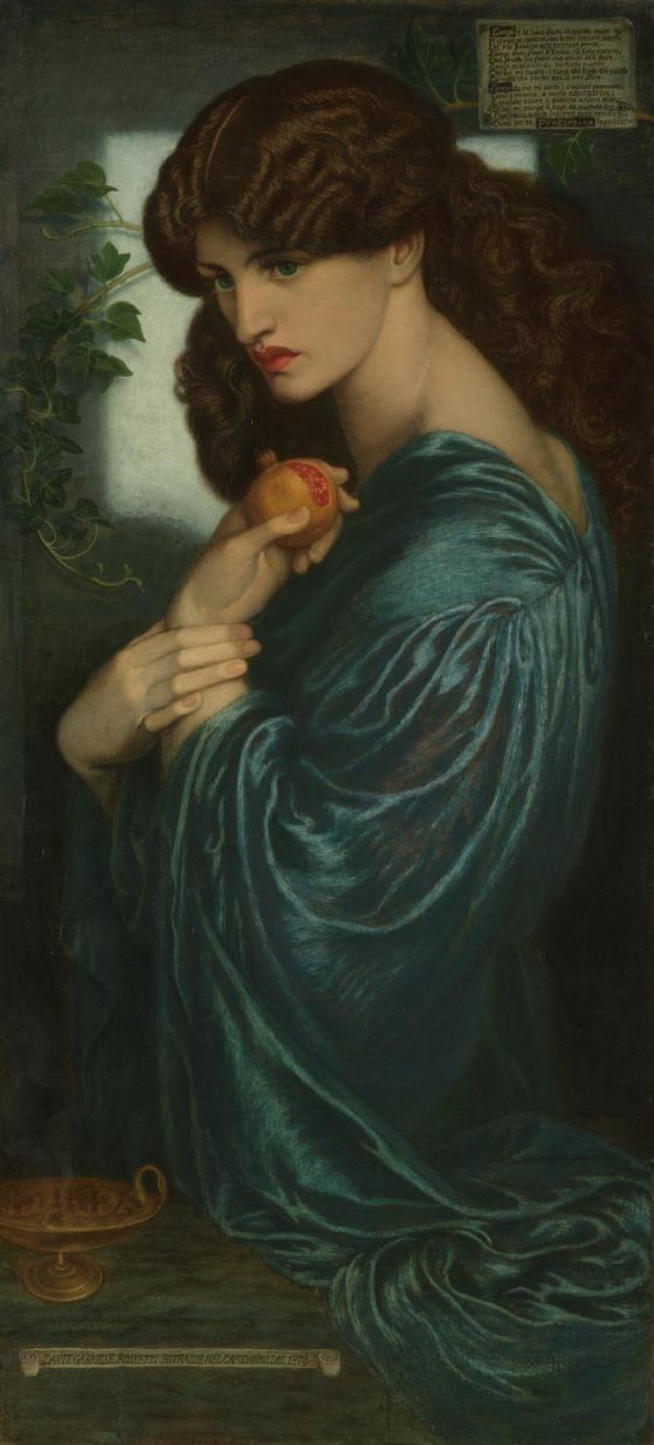 Rossetti's Proserpine holding a partly sliced pomegranate in a gloomy underworld corridor Rossetti's Proserpine holding a partly sliced pomegranate in a gloomy underworld corridor