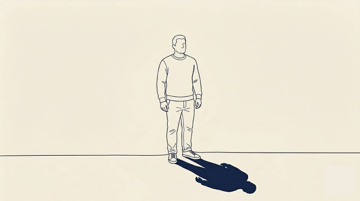 When systems break - A male figure, slightly overweight, with a natural and unposed stance. Professional attire — a suit or blazer that fits his build. He stands upright and composed, looking forward. His face is a minimal abstraction — no defined features.He does not look down at his shadow.The shadow cast on the ground ahead of him shows a different figure — collapsed, prostrate, the posture of someone who has given out.