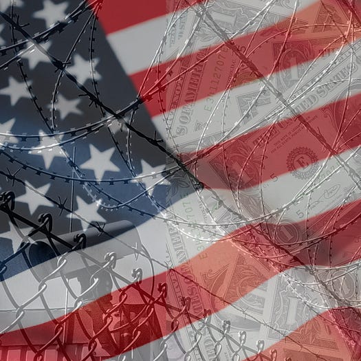 US flag mixed with barbed wire mixed with dollar notes