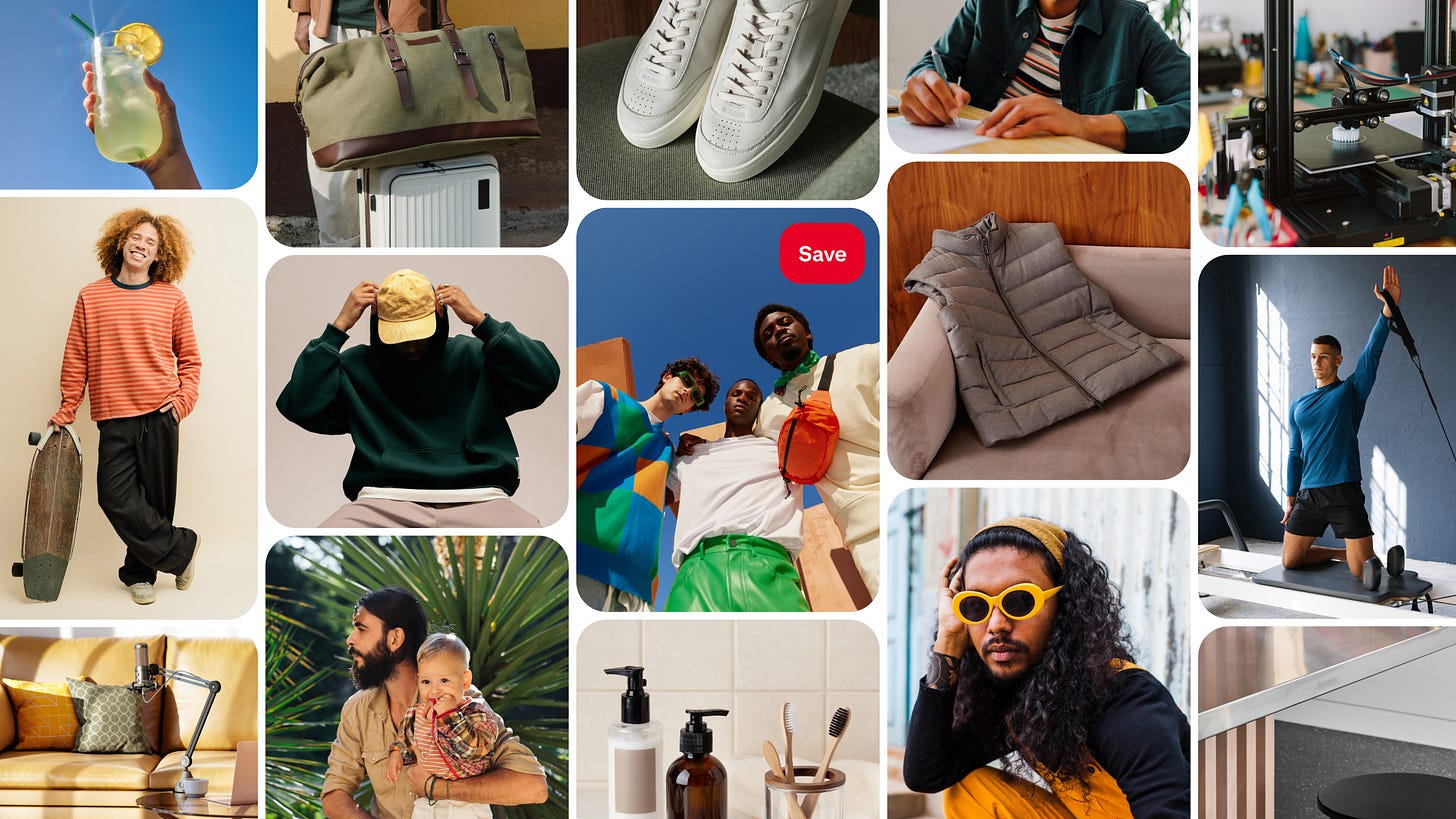 Grid that resembles a Pinterest feed. Images are all men, holding a baby, holding a skateboard, holding a drink. It's meant to illustrate the first ever Pinterest Men's Trend Report