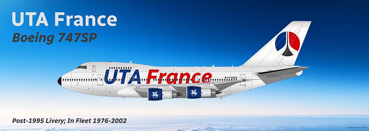 Boeing 747SP in the 1965-1995 livery (L) and Post-1995 livery (R) of UTA France, both shown in side view while in midflight.