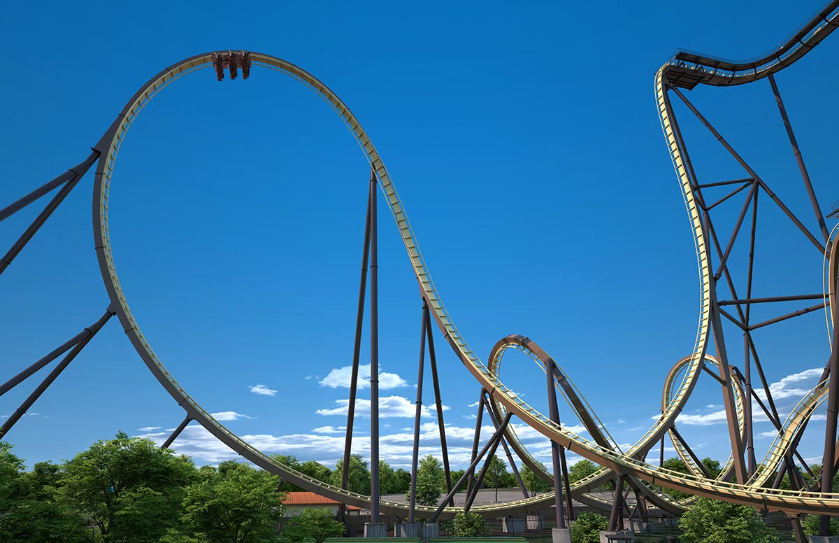 Rendering of 219-foot-tall loop on Tormenta Rampaging Run coaster at Six Flags