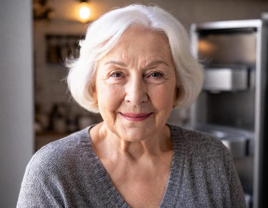 Up-close portrait of 80-year-old white woman with a knowing smirk on her face and gray hair and open refrigerator door behind her.