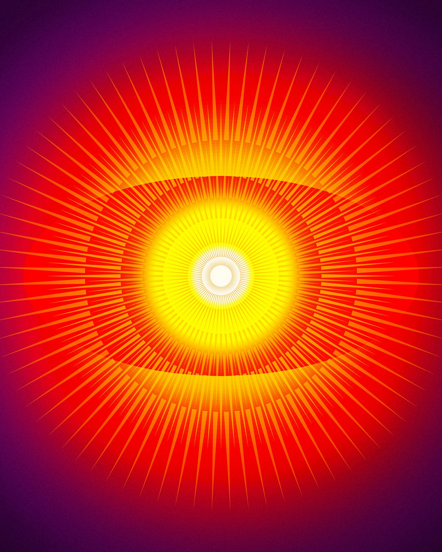 Illustration of a complex geometric depiction of the sun in shades of orange, red, and purple.